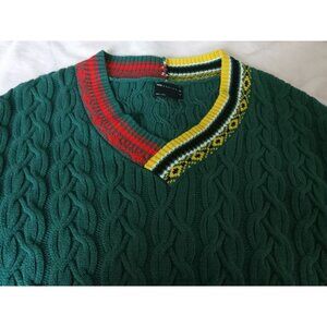 ASOS V Neck Sweater Holiday Forest Green Cable Knit Oversized Warm Men Large